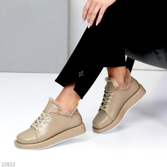 Мега стильні теплі туфлі бежеві автоледі натуральна шкіра колір лате | Зображення 5