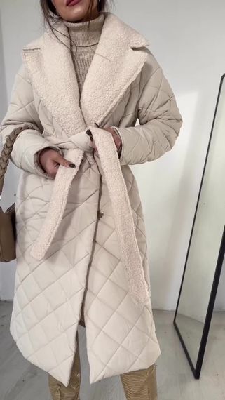 Стеганное пальто с меховым воротником, 90 см, (утеплено до -20'С) XS, Молочный | Зображення 2