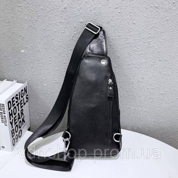 Мужской слинг кожаный 32х18х8, сумка рюкзак на плечо зернистая, бананка для документов23242 черная | Зображення 7