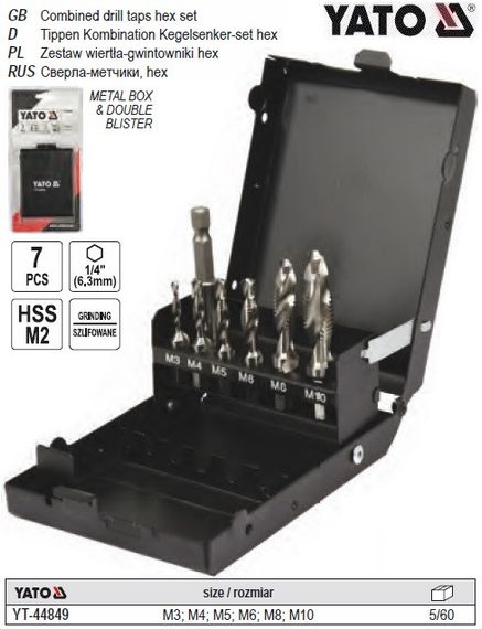 Набір свердл мітчиків YATO Польща М3-М10 HSS М2 HEX-1/4" подовжувач l=60 мм 7 штук YT-44849