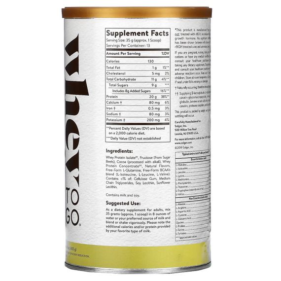 Протеїн Solgar Whey To Go Whey Protein Powder 16 oz 453,5 g /13 servings/ Natural Chocolate Flavor | Зображення 1