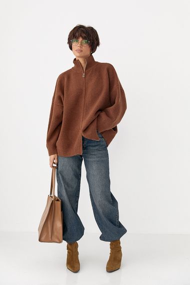 В'язаний кардиган оверсайз на блискавці - коричневий цвет, ONE SIZE (є розміри) | Зображення 2