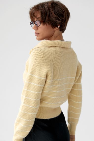 Короткий в'язаний светр у смужку із блискавкою на горловині - лимонний цвет, ONE SIZE (є розміри) | Зображення 1