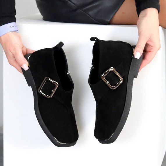 Дизайнерские черные туфли натуральная замша квадратный носок | Зображення 4