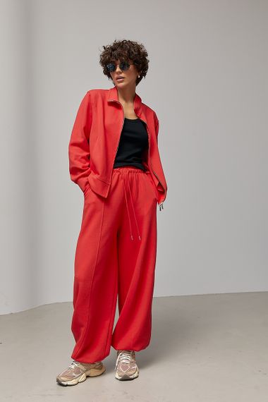 Однотонний спортивний костюм з кофтою на блискавці та штанами багі - червоний цвет, M (є розміри)