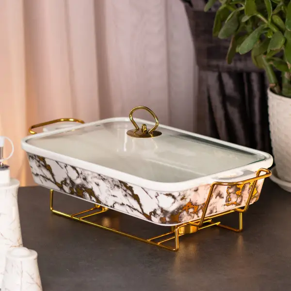 Настільна мармітниця 2 літра марміт прямокутний порцелянаовий 40х23х11 см для других страв Мармур HP1033 | Зображення 3