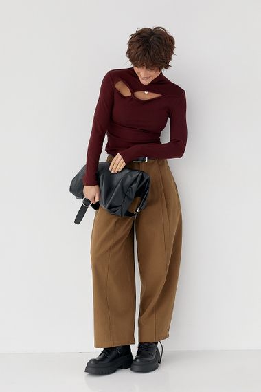 Трикотажний однотонний лонг із переплетом - бордо цвет, ONE SIZE (є розміри) | Зображення 2