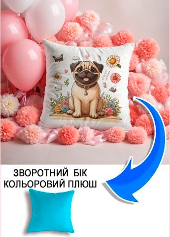 Подушка плюшева Мерч Крафт Дизайн з принтом мопс 3 блакитний плюш квадратна 33х33 см