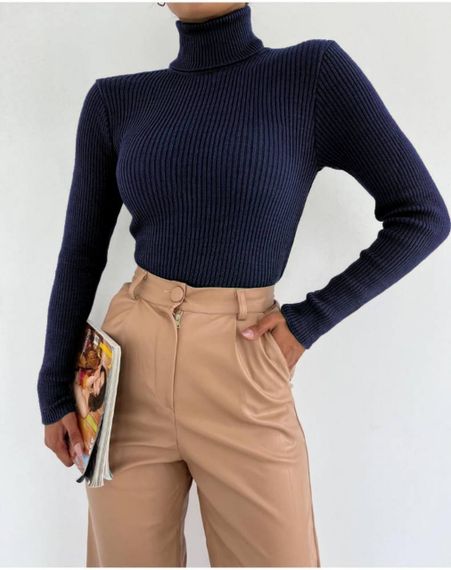 Женская водолазка-гольф в рубчик с высоким воротником SA409, размер 42/48, цвет темно-синий