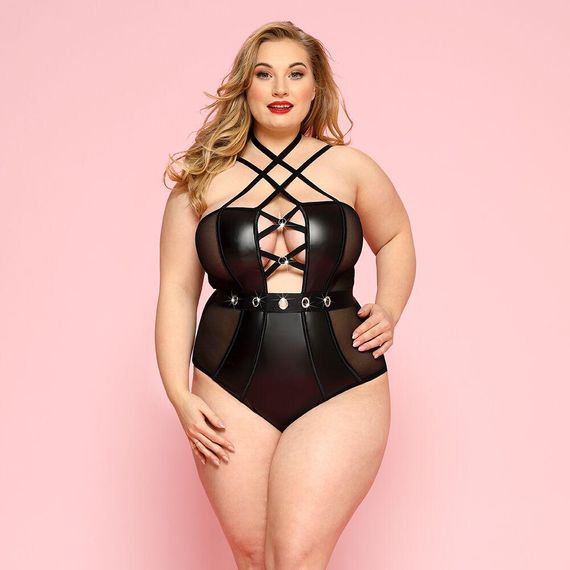 Сексуальное боди JSY «Страстная Лорейн» Plus Size Black, люверсы, стрепы, экокожа, шнуровка Sex Aura