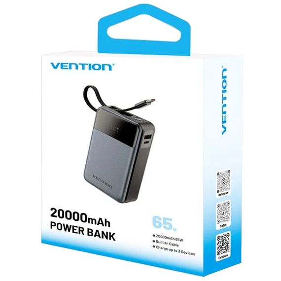 УМБ Vention 20000mAh 65W 3A PD,QC3.0,USB-A,1хType-C OUT,with Built-in USB-C Cable, LED Display,Black | Зображення 4