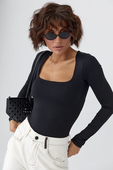 Еластичне боді з довгими рукавами - чорний цвет, M (є розміри)