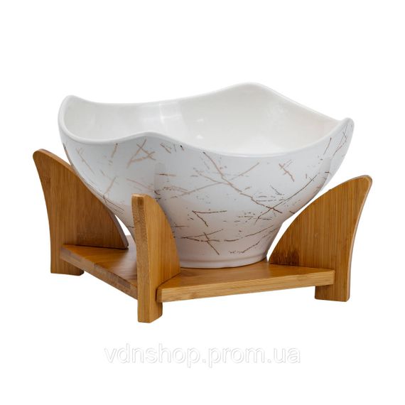 Салатниця га бамбуковій підставці з виделкою і ложкою 22*22*14 см Білий HP1228 | Зображення 7