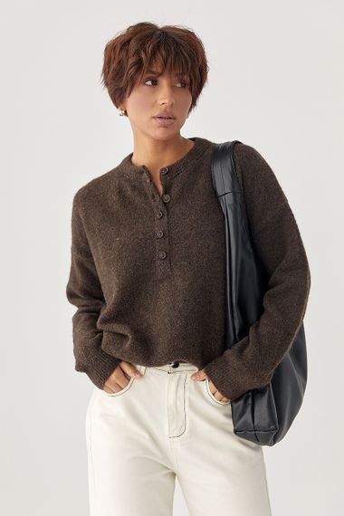 В'язана вільна кофта з ґудзиками на горловині - коричневий цвет, ONE SIZE (є розміри) | Зображення 4