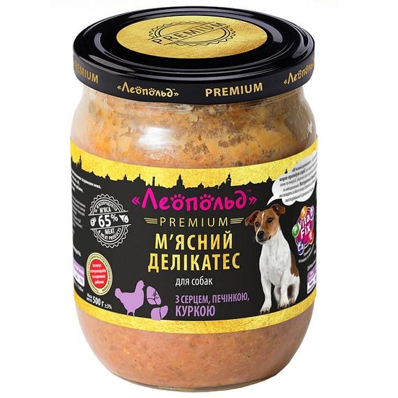 ЛЕОПОЛЬД М'ясні делікатеси з серцем, печінкою, куркою для собак, скляна банка 500 г (6шт/уп)