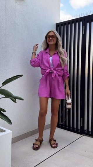 Женский летний костюм двойка шорты и рубашка лен бохо LY25026 цвет розовый, размер 46/48 | Зображення 3