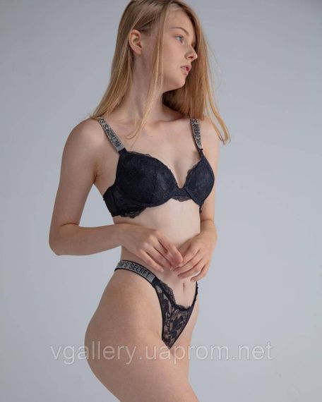 Кружевной комплект Victoria`s Secret стразы со стрингами  Кружева - 85С(38С) - Черный | Зображення 5