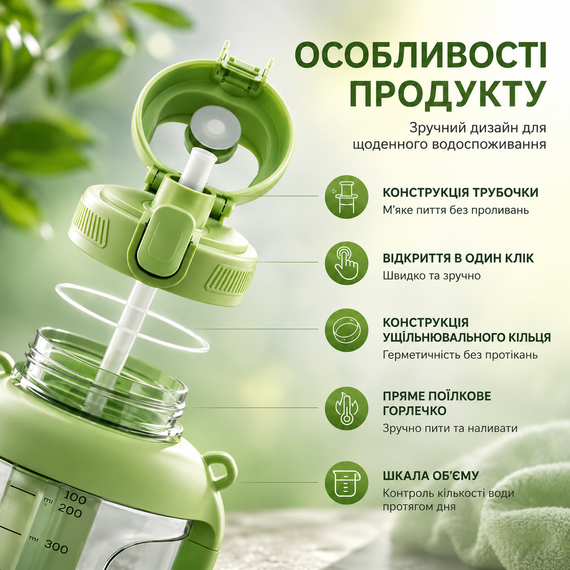Спортивная бутылка для воды Tritan 2200 мл с ручкой и ремешком, Зеленая (Тритановая бутылка большой емкости) | Зображення 1