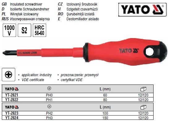 Отвертка изолированная YATO Польша диэлектрическая электрика 1000V PH2 l=100 мм YT-2823