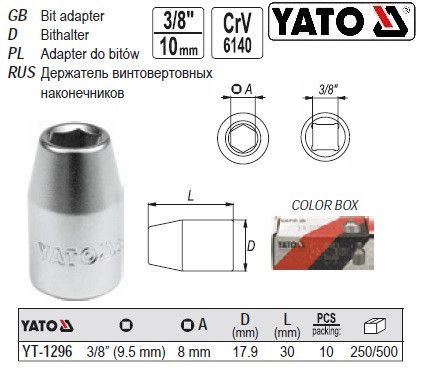 Тримач біт насадок YATO Польща M=3/8" 8 мм L=30 YT-1296