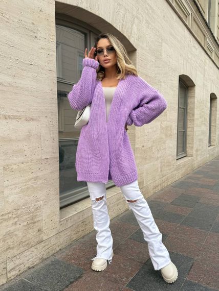 Женский вязаный теплый кардиган оверсайз цвет сиреневый размер onesize 44-54   ML5009 | Зображення 1