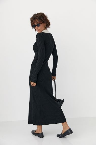 Довга трикотажна сукня-поло в рубчик - чорний цвет, ONE SIZE (є розміри) | Зображення 1