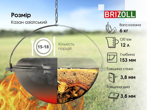 Казан чугунный азиатский с чугунной крышкой-сковородкой гриль Brizoll (Бризол) 12 л (KA12-3) | Зображення 5