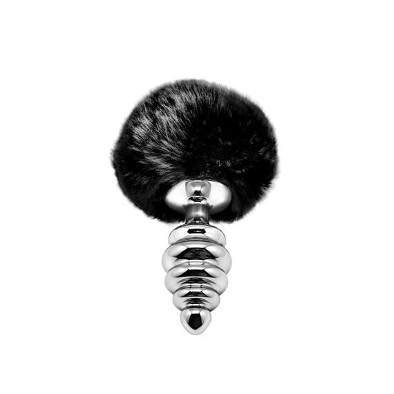 Металева анальна пробка Кролячий хвостик Alive Fluffy Twist Plug M Black, діаметр 3,4 см Sex Aura