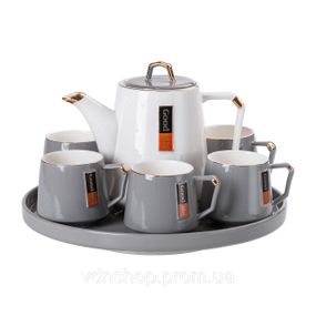 Чайный сервиз на 6 персон с фарфоровой подставкой, серый HP-15-26