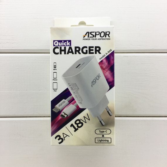Мережевий зарядний пристрій Aspor A846PD 18W/3A + кабель Type-C to Lightning білий | Зображення 1
