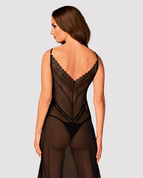 Полупрозрачная длинная сорочка Obsessive Estiqua chemise XS/S, черный, ассиметричный крой | Зображення 1