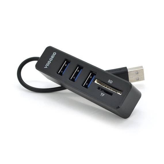 Хаб-кардрідер універсальний VEGGIEG V-C303, USB2.0 5in1 card reader （SD+TF+3*USB), Black,Blister-Box