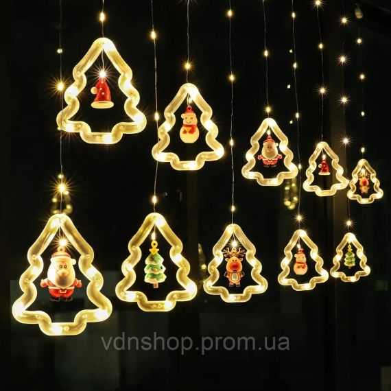 Гірлянда  штора "Фігурки в ялинці" 3м (ялинка, сніговик, дід мороз, олень, шапка) | Зображення 1