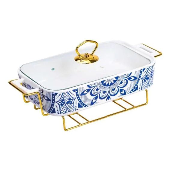 Марміт порцелянаовий із скляною кришкою 32х17х15 см на металевій підставці 1,5 л SA1107-M | Зображення 1