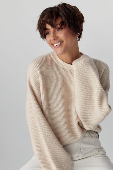 В'язана жіноча укорочена кофта - бежевий цвет, ONE SIZE (є розміри) | Зображення 2