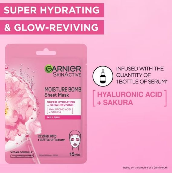 Тканинна маска джля обличчя Garnier Moisture Bomb Sakura And Hyaluronic Acid Face Sheet Mask Hydrating & Glow Reviving 28g | Зображення 4