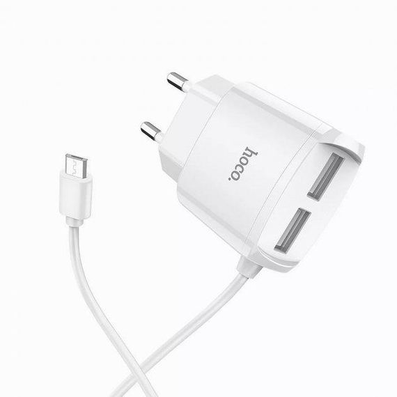 Мережевий зарядний пристрій Hoco 2хUSB із вбудованим кабелем micro White (C59A) | Зображення 2