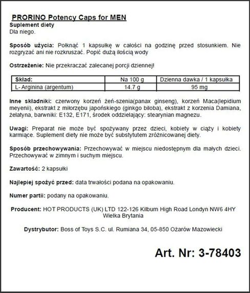 Капсули для потенції PRORINO Potency Caps for men (ціна за 2 капсули в упаковці) | Зображення 1