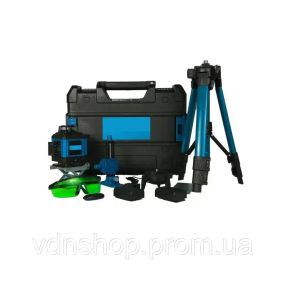 Лазерный 4D уровень аккумуляторный -2 АКБ, 16 линий, пульт ДУ, цифровой дисплей, штатив, полный набор для установки, пластиковый