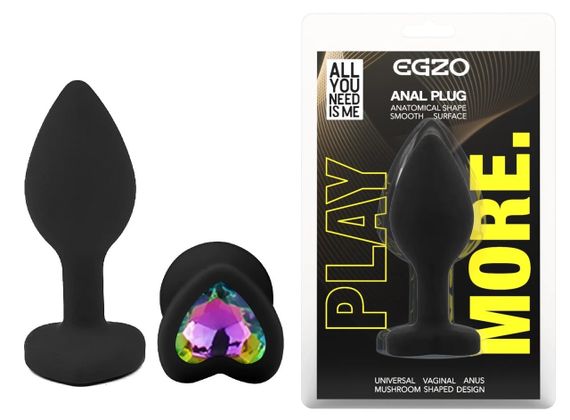 Силіконова анальна пробка EGZO Black Heart Plug S з райдужним кристалом, чорна Sex Aura