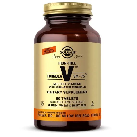 Вітамінно-мінеральний комплекс Solgar Formula V VM-75 Multiple Vitamins with Chelated Minerals Iron Free 90 Tabs