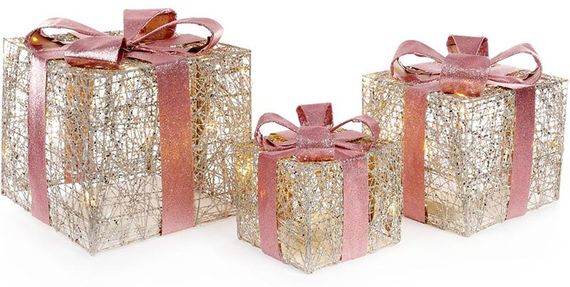 Набір декоративних подарунків - 3 коробки 15х20см, 20х25см, 25х30см з LED-підсвіткою, шампань з рожевим КОПІЯ