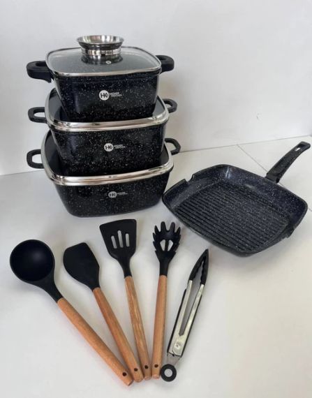 Набір посуду Higer Kitchen НК-317 квадратні каструлі та сковорідка 14 предметів Чорний | Зображення 1