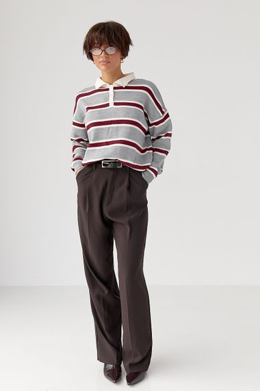 Кофта-поло у смужку вільного фасону - сірий цвет, ONE SIZE (є розміри) | Зображення 2