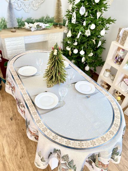 Скатертина гобеленова овальна OVAL723 Різдво в Карпатах Limaso, 160x220, Овальна, Новорічний, Золотий люрекс, 70% поліестер, 23% бавовна, 3% акрил, 4% металеве волокно, Гобелен | Зображення 3