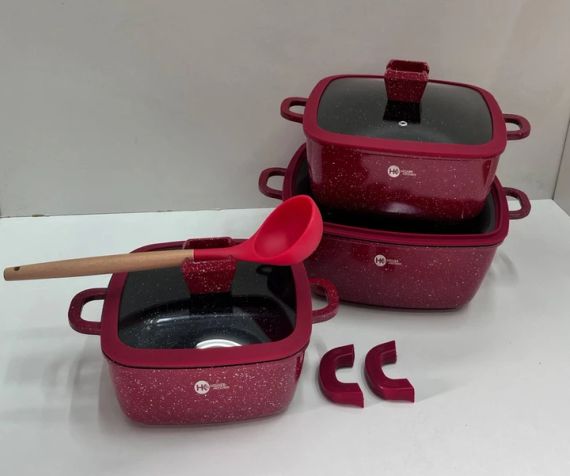 Набір квадратних каструль Higher Kitchen НК-323 Алюміній із гранітним покриттям 8 предметів Червоний | Зображення 2