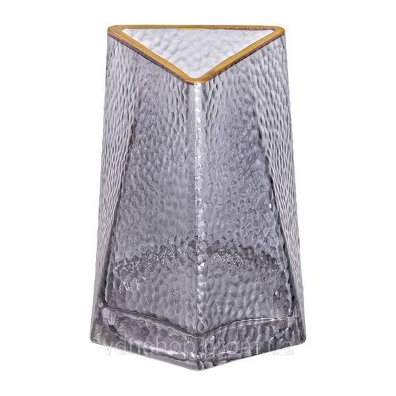 Скляна ваза для квітів, декоративна, трикутна, 15,5 см, сіра із золотою окантовкою HP-1711