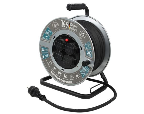 Подовжувач мережевий Könner &amp; Söhnen  KS CRM-30M, 3600Вт, 4х16А/230В, 3х2.5мм, IP44, 7.8 кг, на котушці, 30м, чорний (KSCRM-30M)