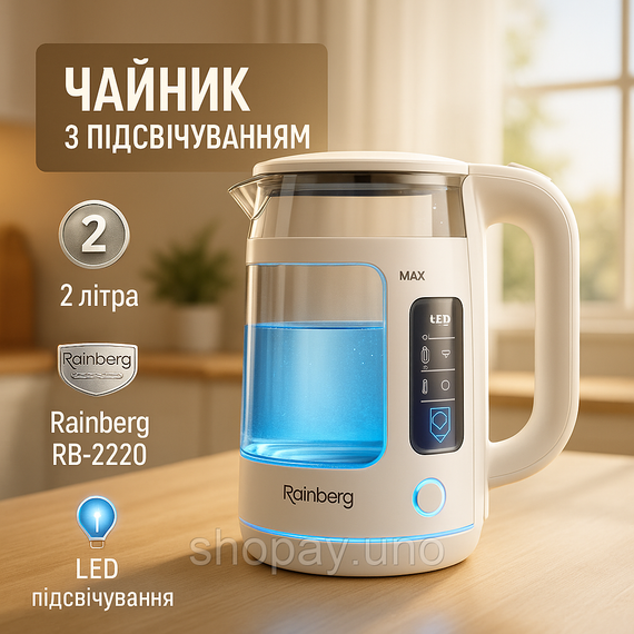 Електричний чайник з функцією автовимкнення Rainberg RB-2220 2200 Вт 2 л, Електрочайник фірмовий YS-62