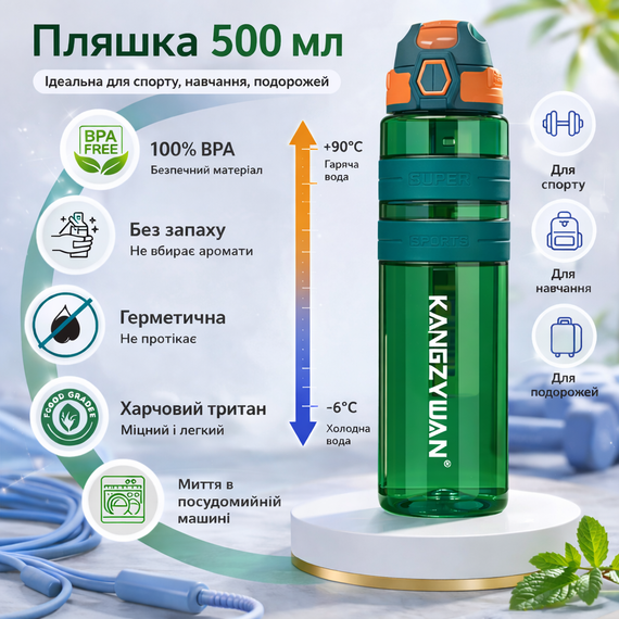 Спортивная бутылка для воды KANGZYUAN 500 мл Зеленая Тритановая (BPA Free), с клапаном и поилкой | Зображення 3